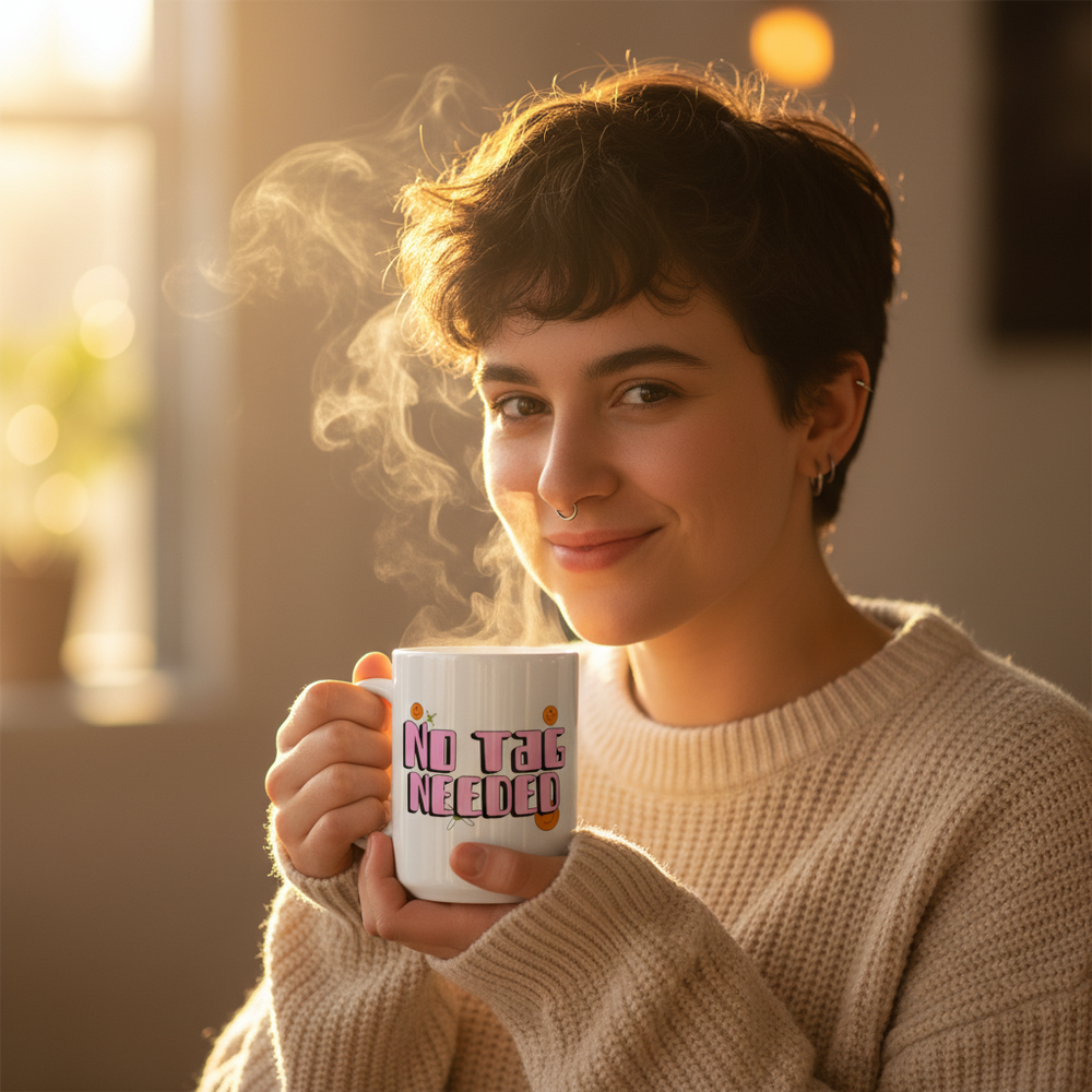 Smiling person in a cream sweater holds a steaming mug reading “NO TAG NEEDED”