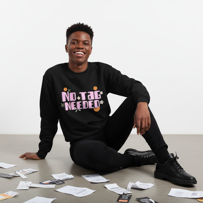 No Tag Needed Unisex Sweatshirt with bright rainbow lettering; person smiling on the floor, tags and notes scattered nearby