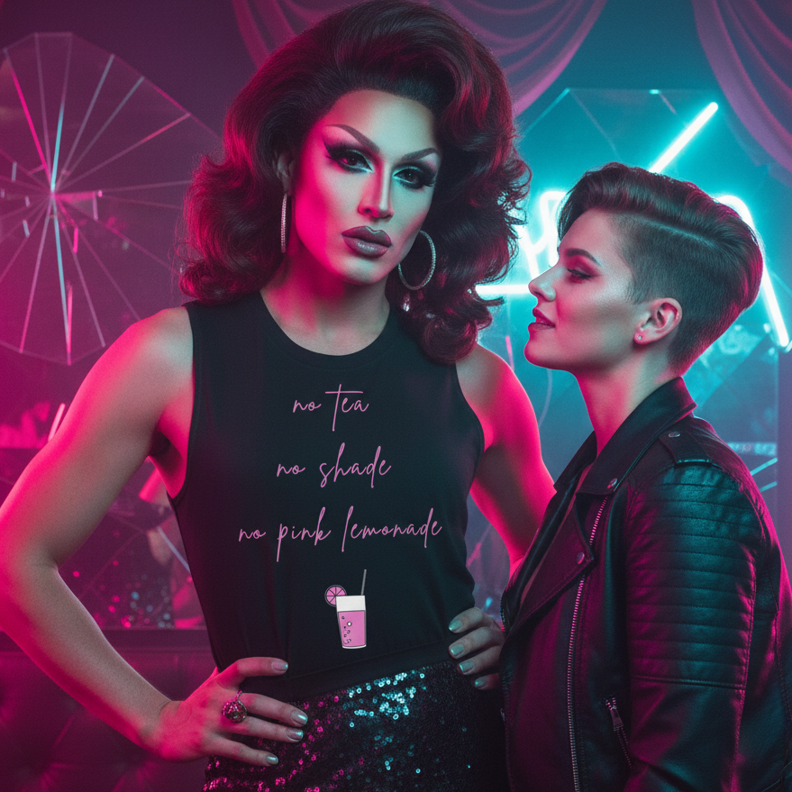 No Tea No Shade No Pink Lemonade muscle top styled with a black sequin skirt and bold drag makeup