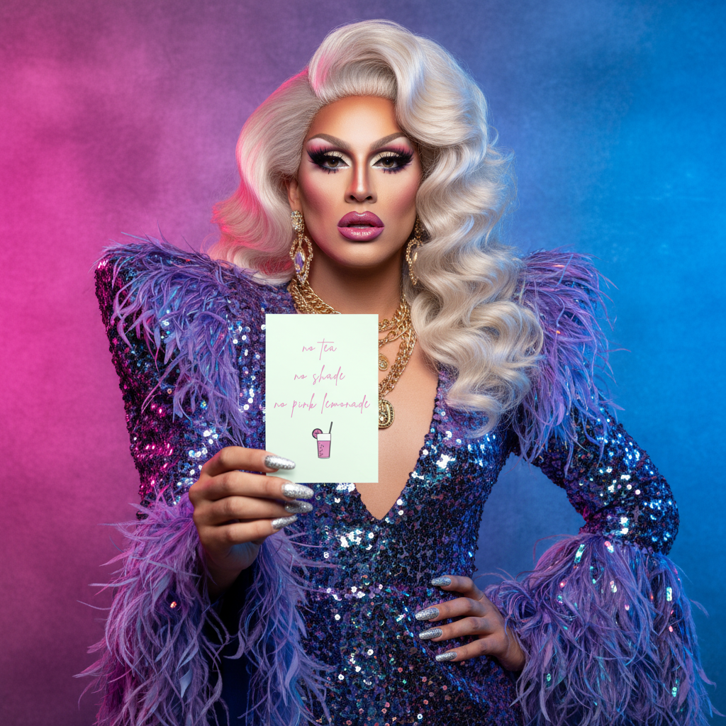 No Tea No Shade No Pink Lemonade postcard held by a drag queen in a sparkling blue and purple feathered dress