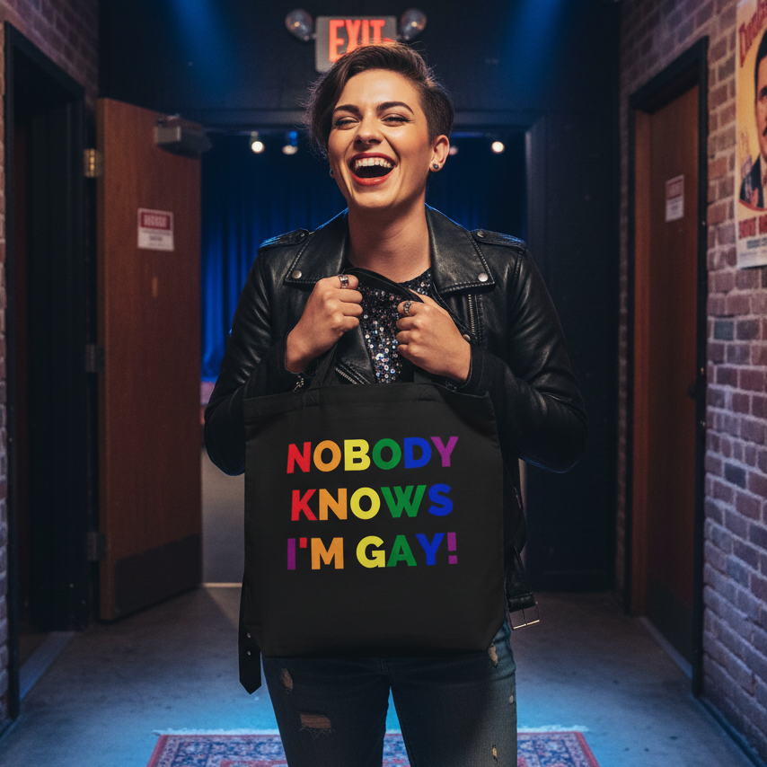 Smiling person holds a black tote reading “NOBODY KNOWS I'M GAY!” in a backstage hallway