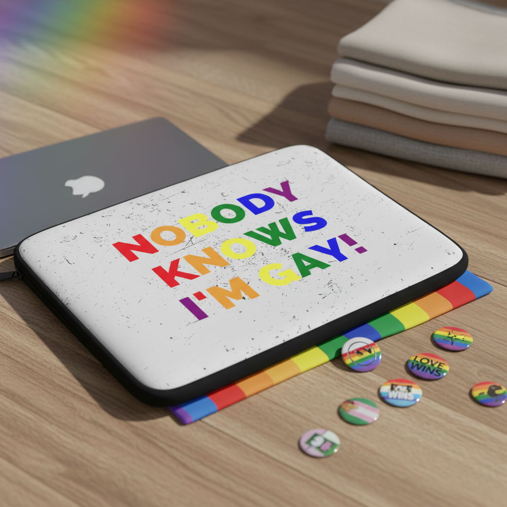 Laptop sleeve reads "Nobody Knows I'm Gay!" in rainbow text, on wood desk with pride buttons, rainbow mouse pad, laptop