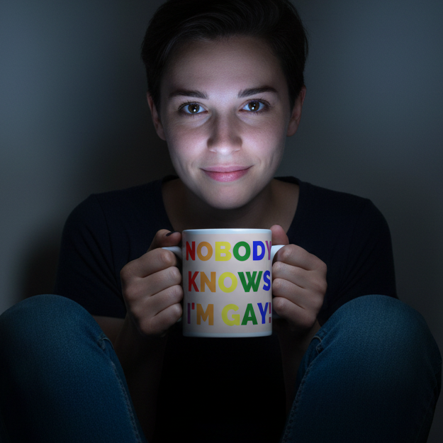 Person holding a white mug reading “NOBODY KNOWS I'M GAY!” in rainbow letters