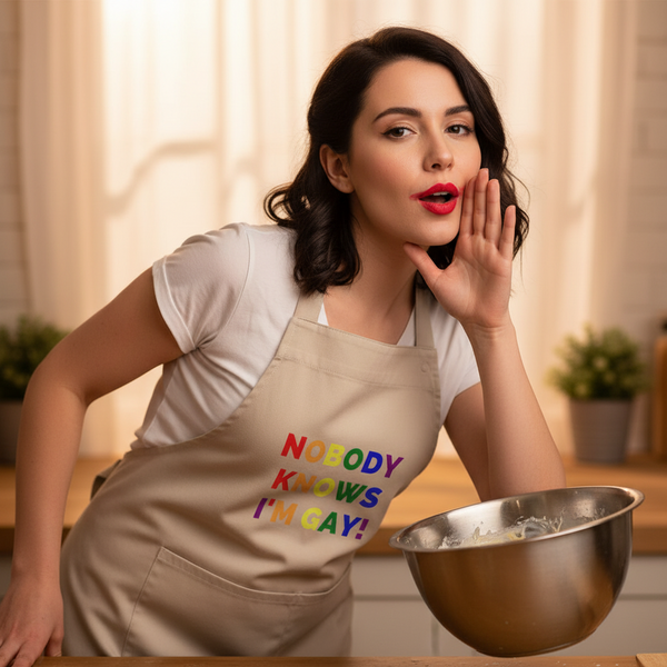 Person in a beige apron reading “NOBODY KNOWS I’M GAY!” beside a mixing bowl