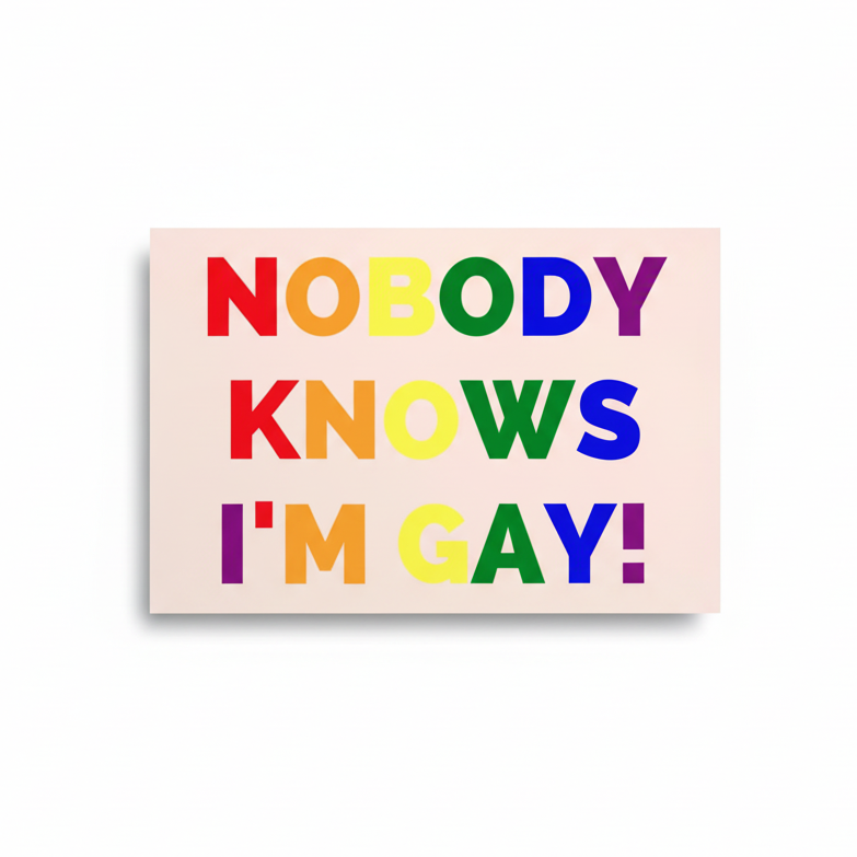 Postcard with a light pink rectangle and bold rainbow block letters reading "NOBODY KNOWS I'M GAY!" on crisp white