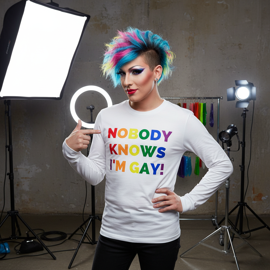 Model in a white long-sleeve shirt reading “NOBODY KNOWS I’M GAY!” in rainbow letters