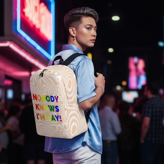 “Nobody Knows I’m Gay! Minimalist Backpack” in beige worn by a queer youth in a blue shirt, neon-lit city street at night.