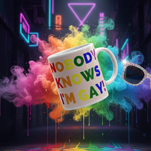 Angled white mug reading “NOBODY KNOWS I’M GAY!” amid rainbow smoke