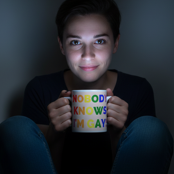 Person holding a white mug reading “NOBODY KNOWS I'M GAY!” in rainbow letters