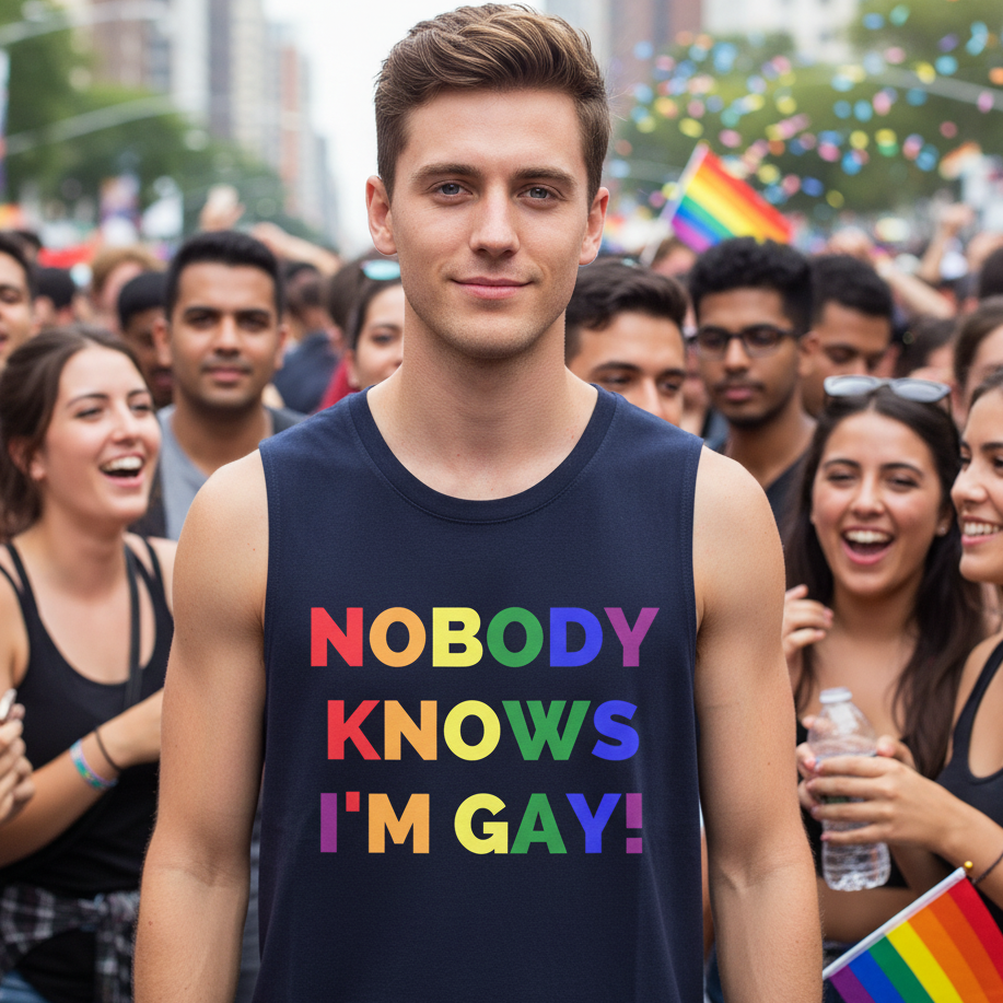 Muscle top reading “Nobody Knows Im Gay!” worn by a smiling person at Pride