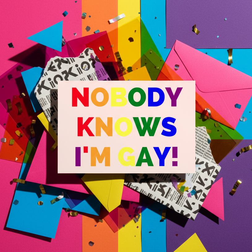 “Nobody Knows Im Gay!” postcard in bold rainbow letters on vibrant envelopes, confetti, and patterned paper