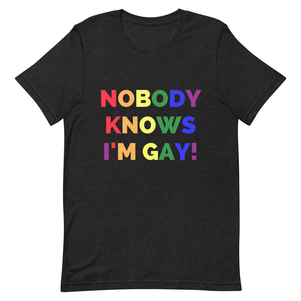 Front-facing black T-shirt with “NOBODY KNOWS I'M GAY!” in rainbow-colored letters