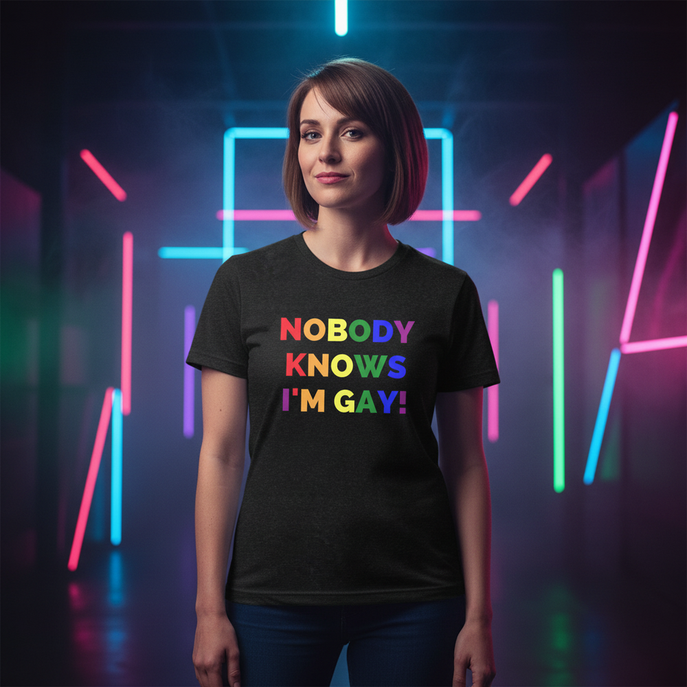 “Nobody Knows Im Gay!” T-shirt worn by a person with short brown hair, lit by neon colors