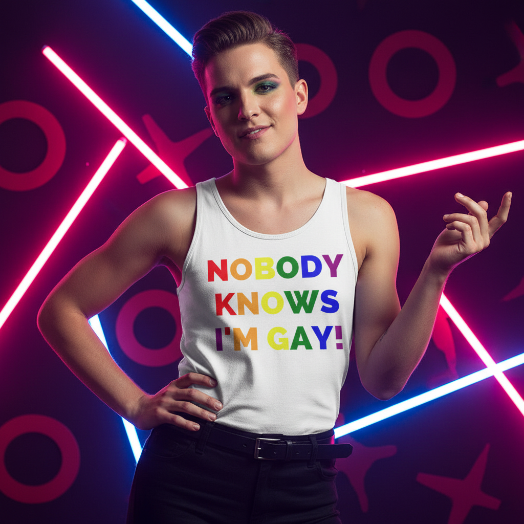 Unisex tank top reads "Nobody Knows I'm Gay!" in rainbow letters, worn by a person with short hair