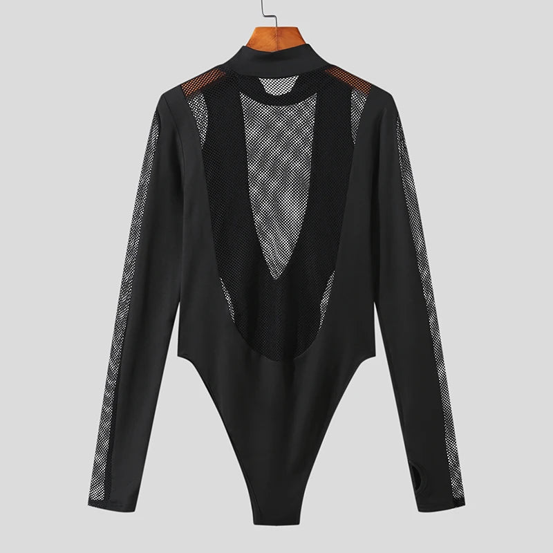 Black mesh long-sleeve bodysuit with sheer diamond-pattern panels and high neck