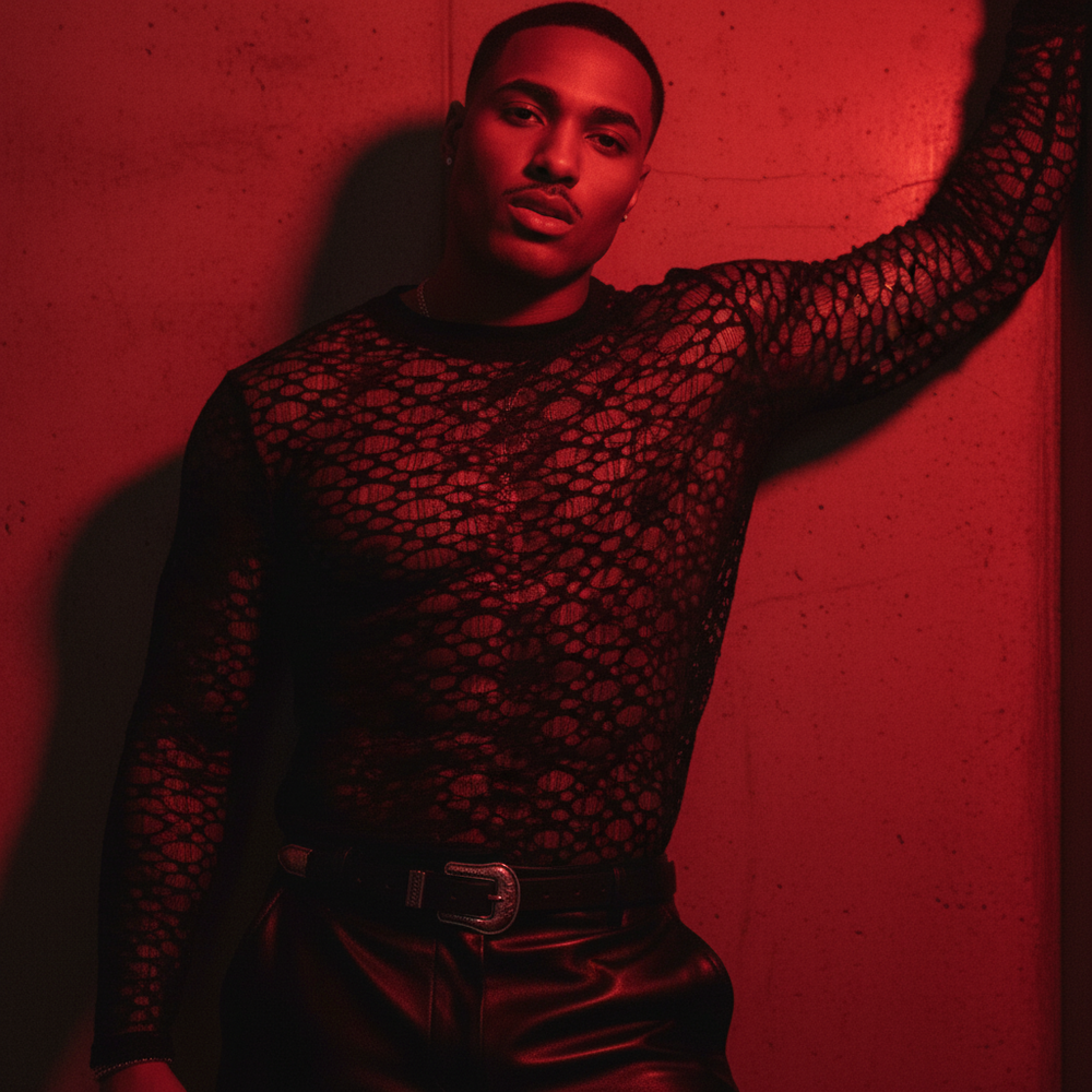 Person modeling a black sheer lace long-sleeve top with leather trousers in red light
