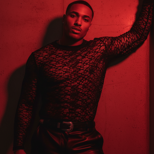 Person modeling a black sheer lace long-sleeve top with leather trousers in red light