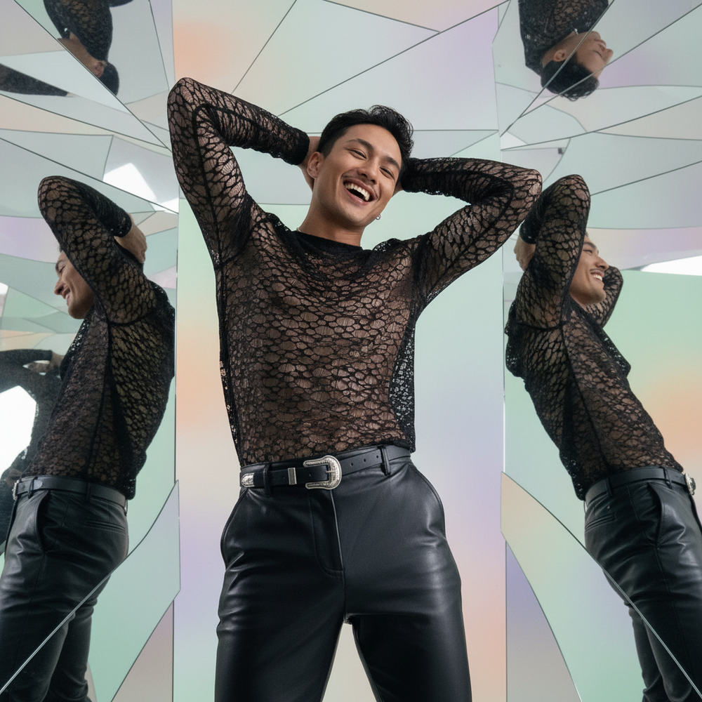 Smiling model in a sheer black lace long-sleeve top and leather pants, reflected in mirrors