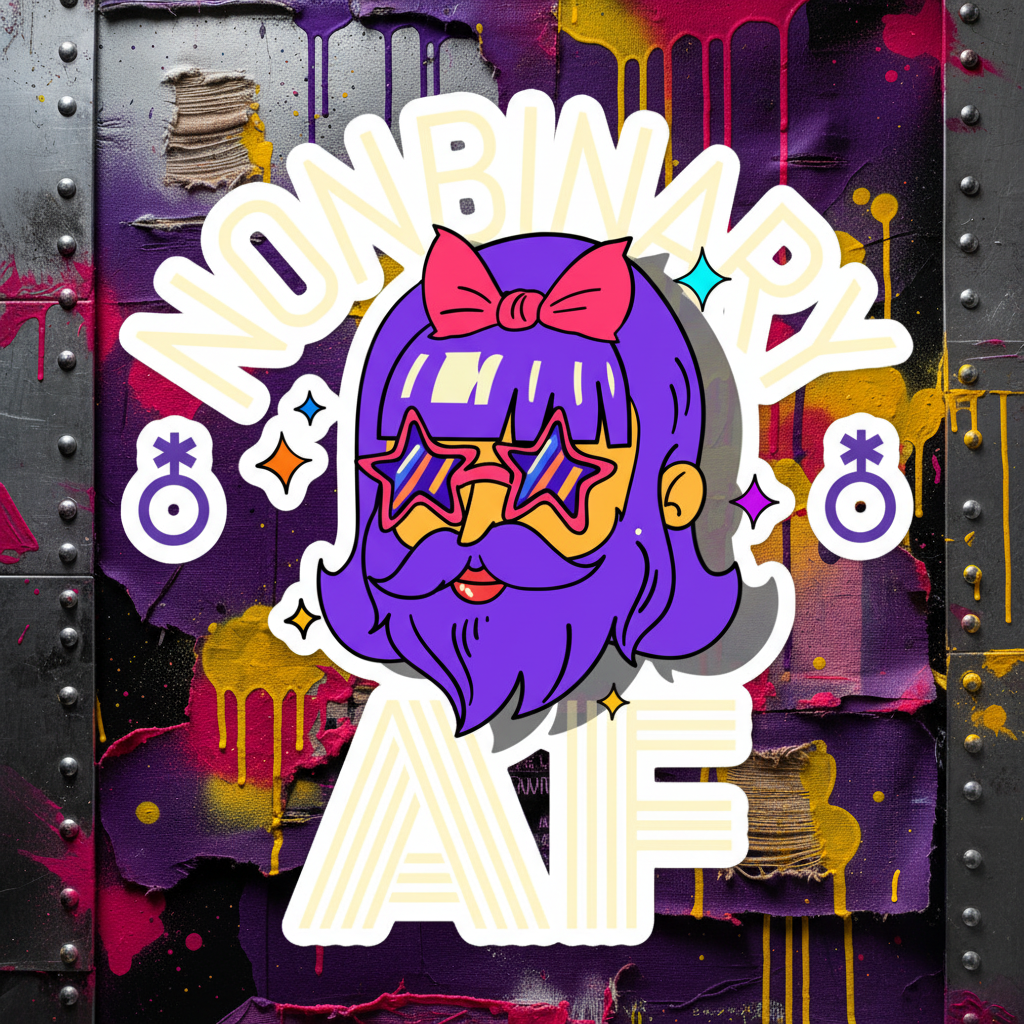Bubble-free vinyl sticker reads “NONBINARY AF” above a cartoon face with purple hair, beard, pink bow, star shades