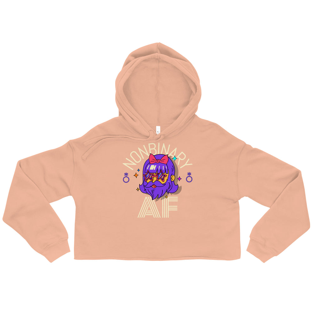 Light pink Nonbinary AF crop hoodie with vibrant purple cat in glasses and bow, “NONBINARY” above, “AF” below, stars