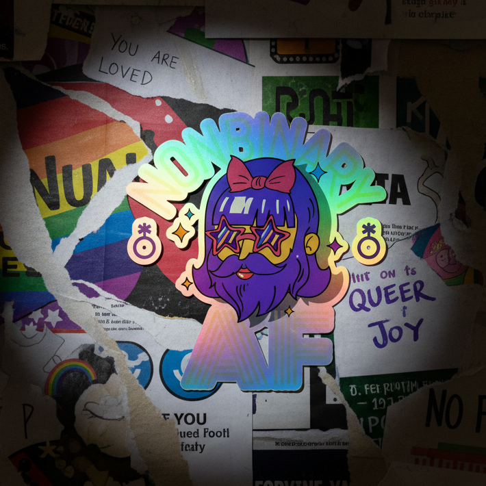 Nonbinary AF holographic vinyl sticker featuring a cartoon with rainbow hair, red bow, star sunglasses, queer icons
