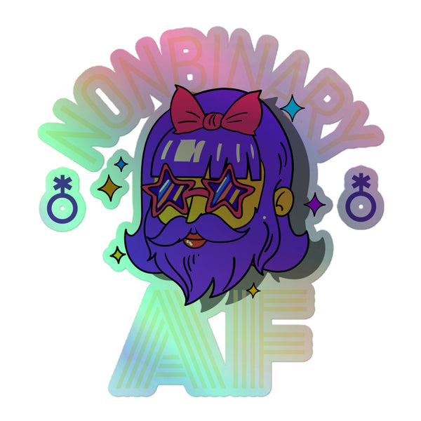 Holographic sticker of a purple-haired cartoon face with star sunglasses and nonbinary symbols
