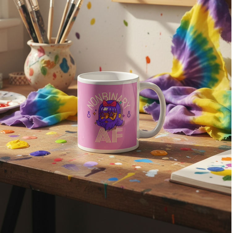 Pink mug with a purple-haired cartoon figure and “NONBINARY AF” text on a paint-splattered table