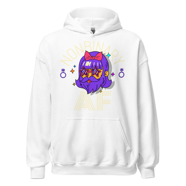Front view of a white hoodie with a purple-haired cartoon face, bow, and star sunglasses