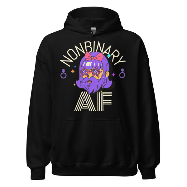 Front view of a black hoodie with “NONBINARY AF” text and a purple-haired cartoon face