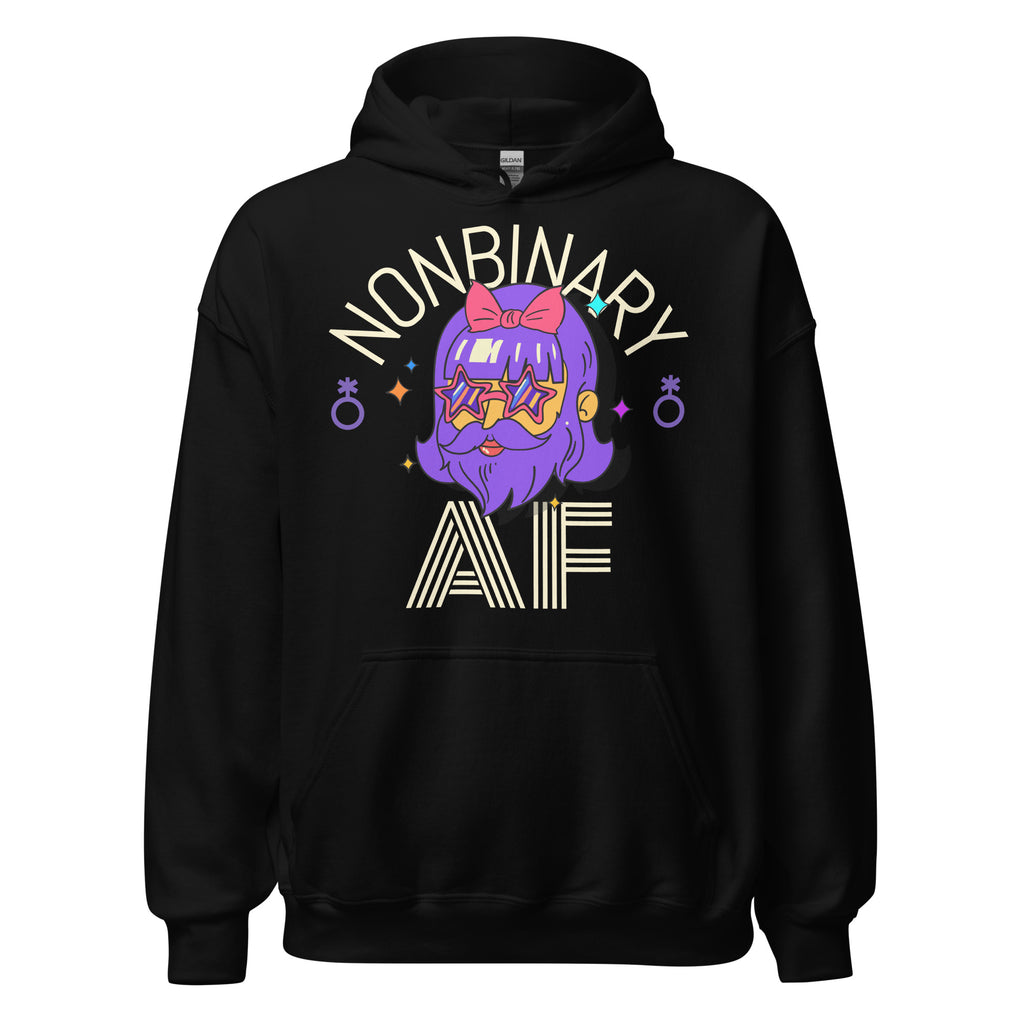 Front view of a black hoodie with “NONBINARY AF” text and a purple-haired cartoon face
