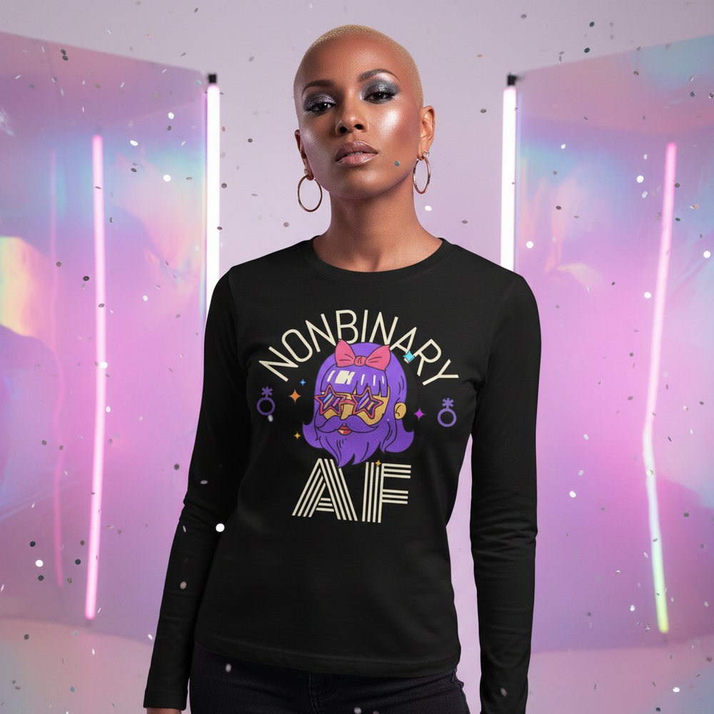 Nonbinary AF Unisex Long Sleeve Tee with cartoon in star shades and pink bow, worn by shaved-head model