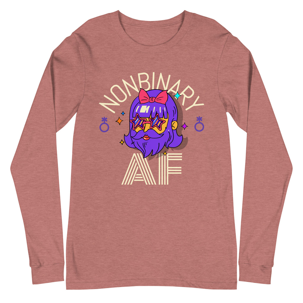 Flat-lay mauve long-sleeve shirt with “NONBINARY AF” text and a colorful cartoon face
