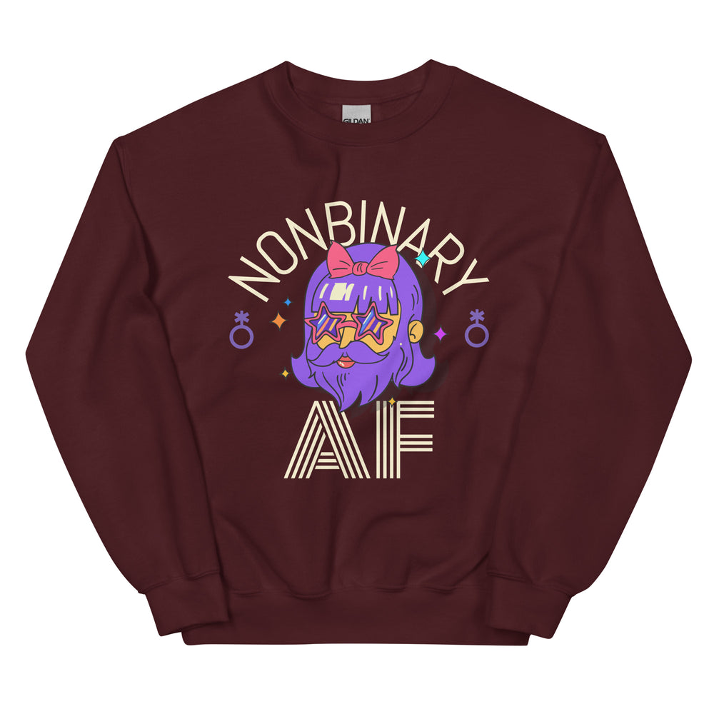 Maroon unisex Nonbinary AF sweatshirt with cartoon person, short hair, glasses, earrings; “NONBINARY”, yellow star, “AF”