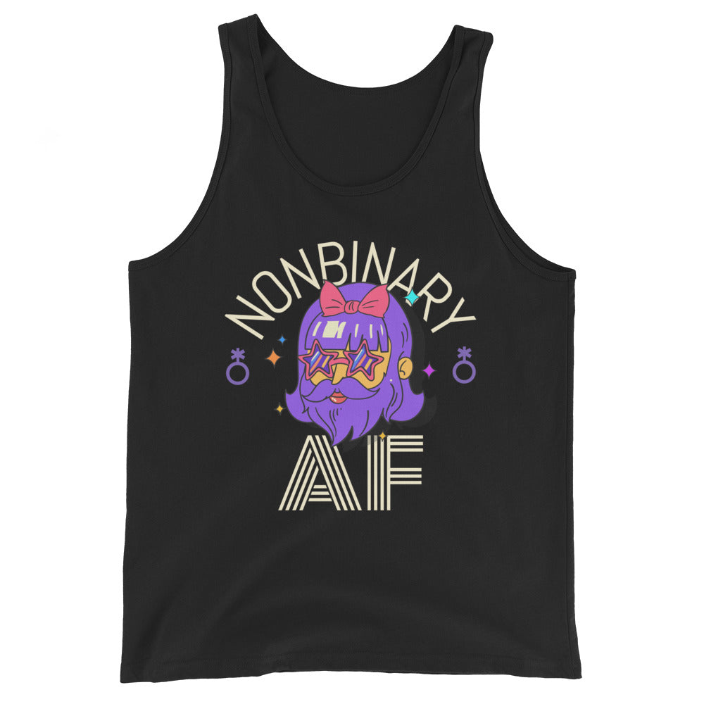 Front view of a black tank top reading “NONBINARY AF,” with a colorful bearded character graphic