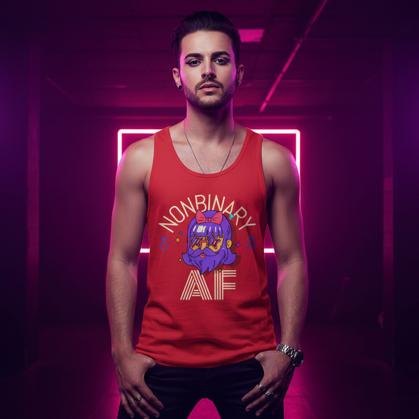 Nonbinary AF tank top with illustrated face and 