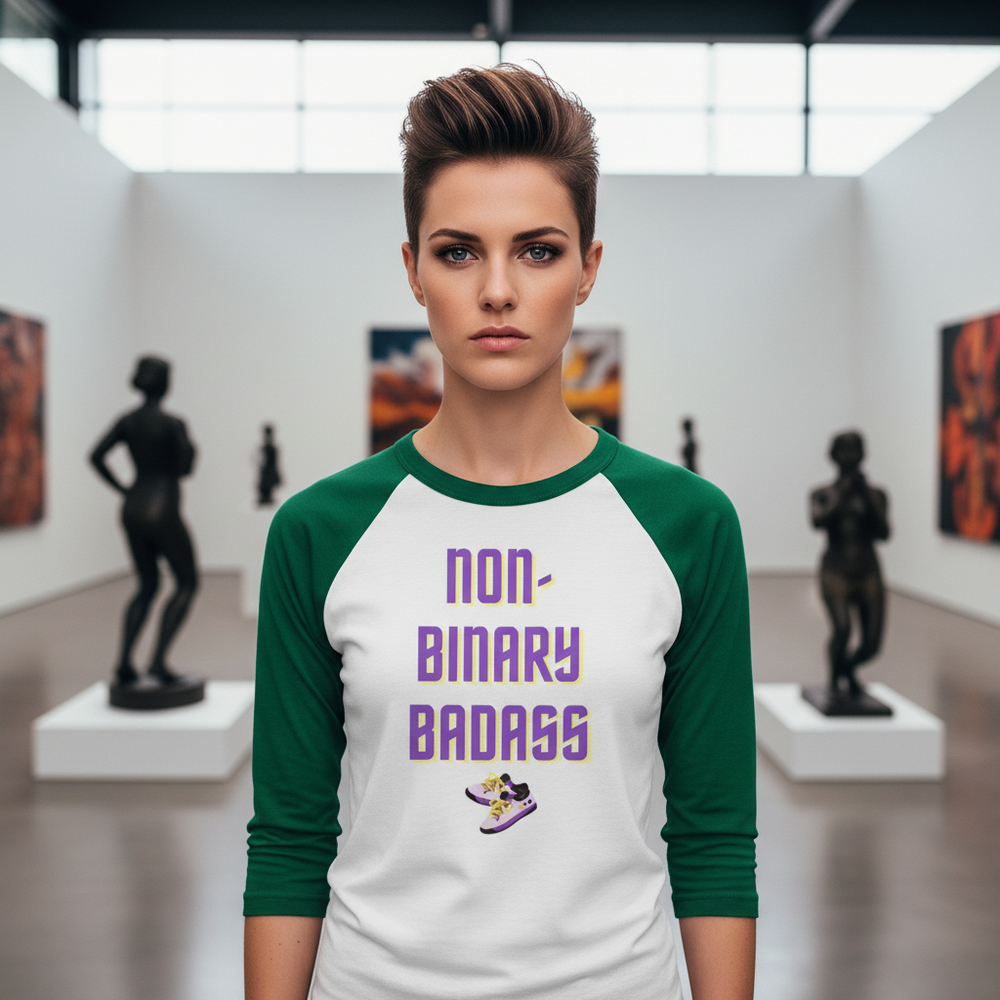 Non-Binary Badass 3/4 sleeve raglan shirt with sneaker graphic, rocked by a short-haired person