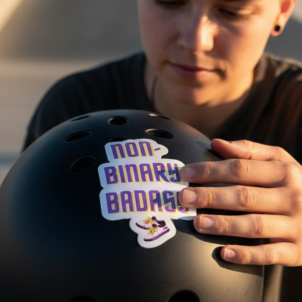 Non-Binary Badass bubble-free sticker being applied to a black helmet in sunlight, next to a cartoon sticker