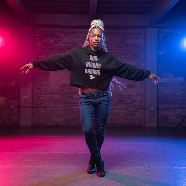 Non-Binary Badass Crop Hoodie worn with jeans and boots