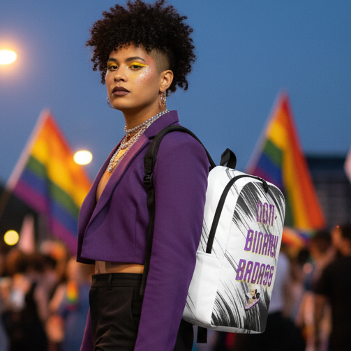 Non-Binary Badass Minimalist Backpack worn by someone with curly hair, yellow eye makeup, and a purple blazer at pride