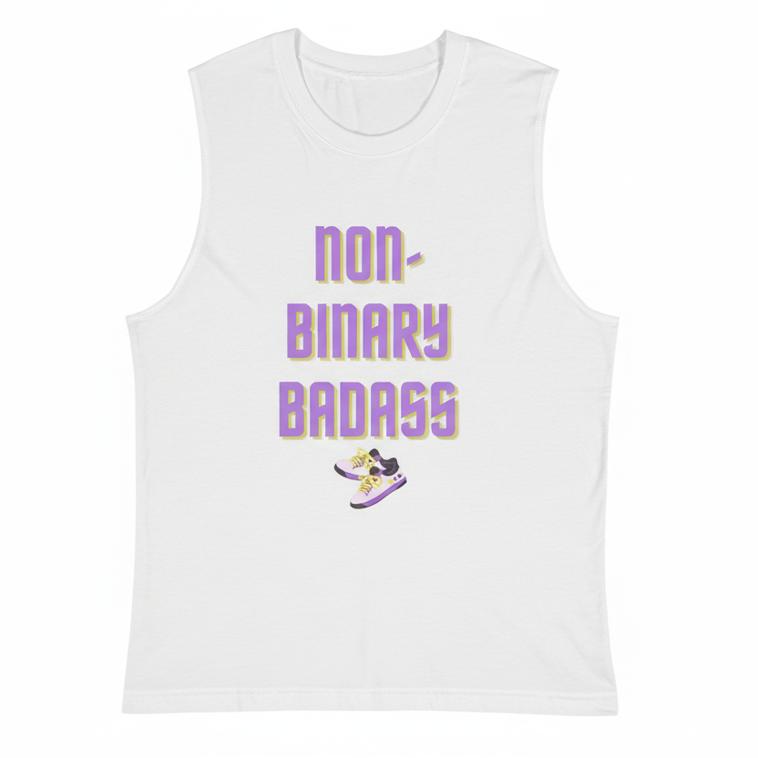 White relaxed fit unisex muscle tank with Non-Binary Badass in bold purple and gold, non-binary flag above Binary