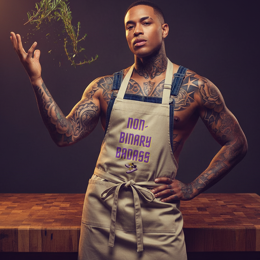 Tattooed model wearing a beige apron reading “NON-BINARY BADASS” beside a wooden counter