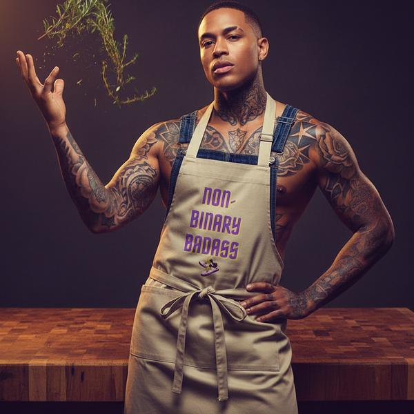Tattooed model wearing a beige apron reading “NON-BINARY BADASS” beside a wooden counter
