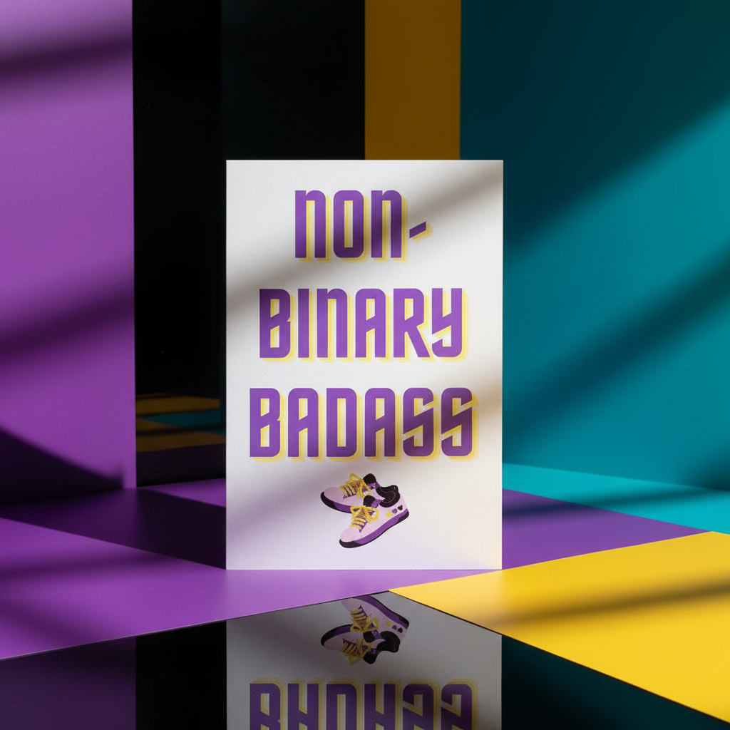 Non-Binary Badass postcard, upright on teal, yellow, and purple; bold "NON-BINARY BADASS" text tops sneakers