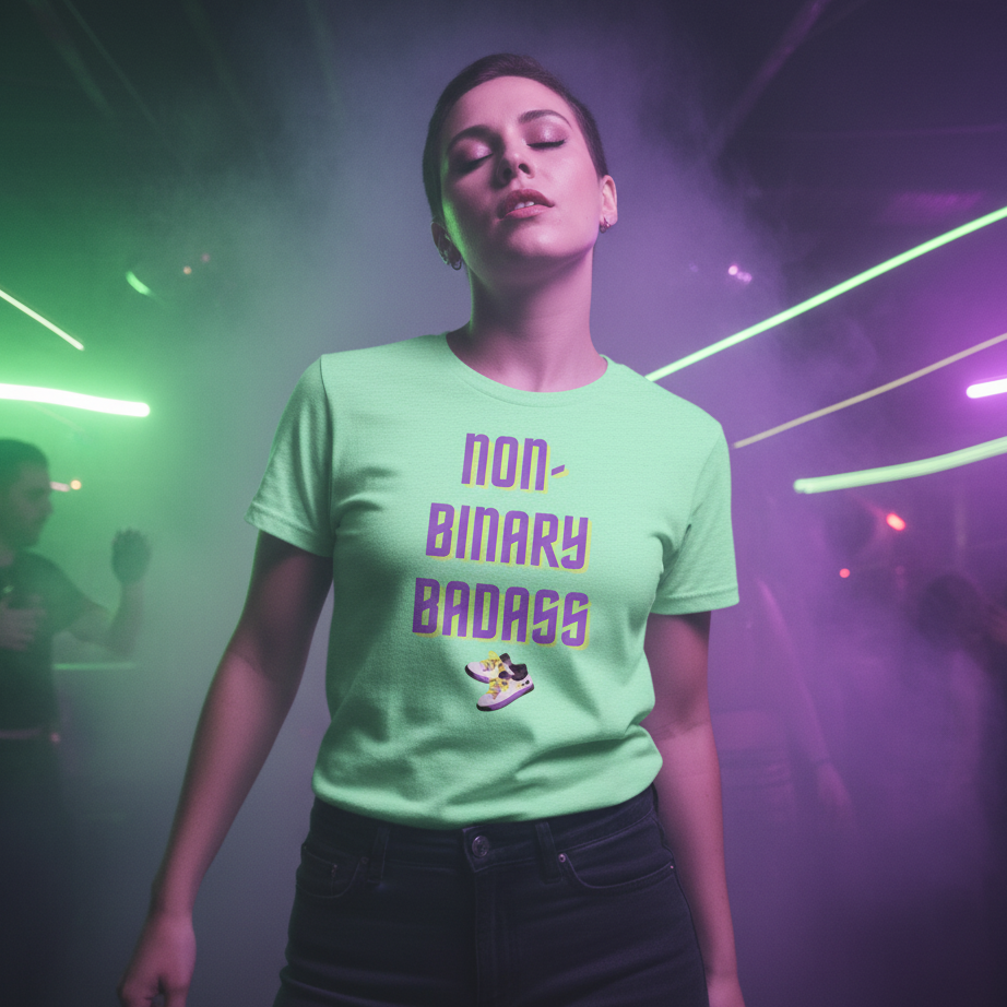 Non-Binary Badass T-Shirt in soft fabric, bold purple “Non-Binary Badass” text