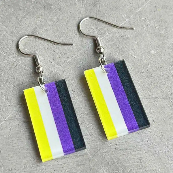 Pair of rectangular acrylic dangle earrings with yellow, white, purple, and black stripes