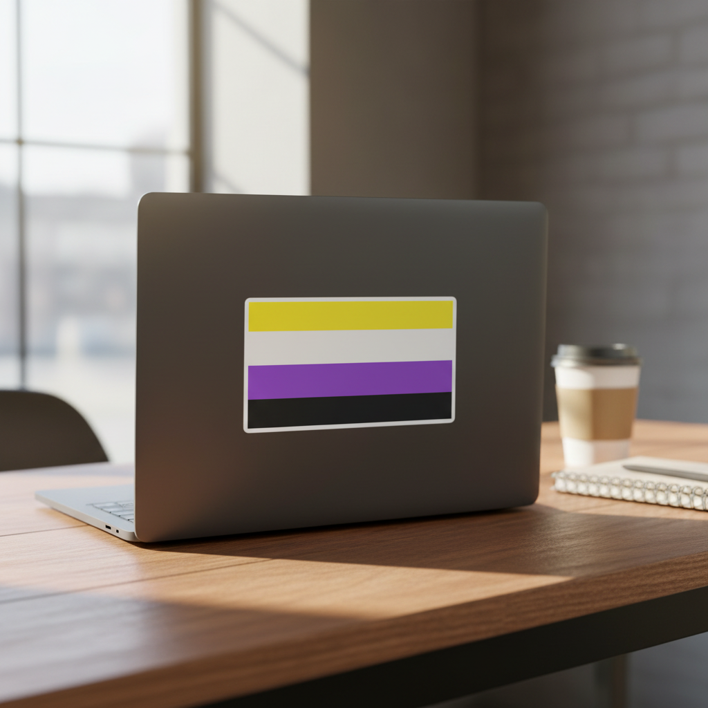 Laptop featuring bubble-free stickers in non-binary flag colors—yellow, white, purple, black