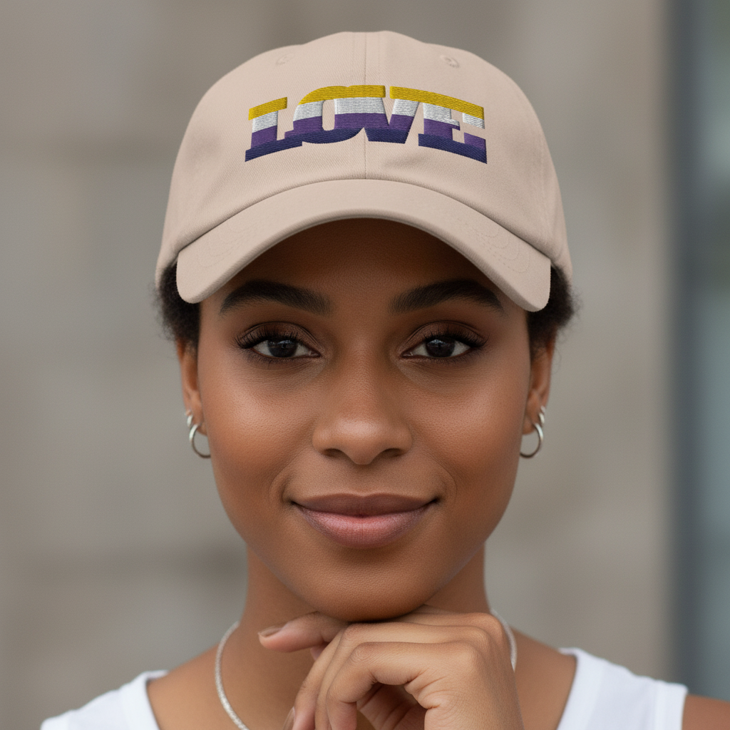 Non-Binary Love Cap in beige with "LOVE" stitched in yellow, white, purple, and black. model wears hoops and a white top
