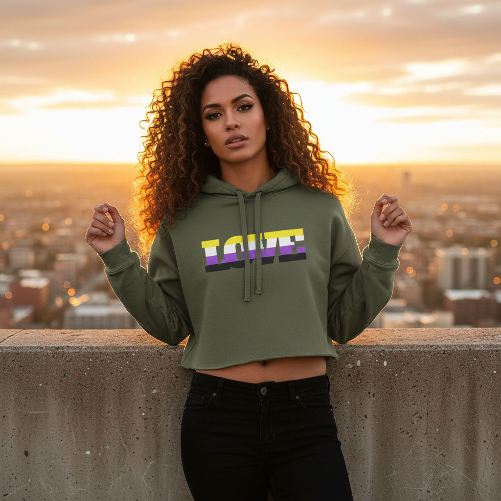 Non-Binary Love Crop Hoodie with “LOVE” in rainbow stripes, worn by a curly-haired person on a sunset rooftop
