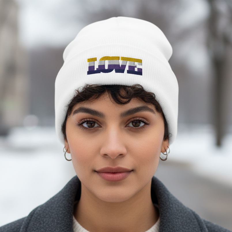Non-Binary Love Cuffed Beanie with bright, multicolored "LOVE" text on a femme with short curls and hoops