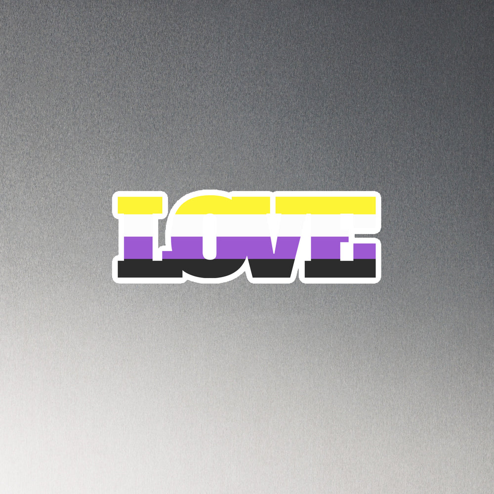 Non-binary pride flag magnet with raised white lettering on a gray background